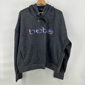 BEBE Sport Size 3X Gray With Rainbow Logo Sequence Pullover Hoodie NWT